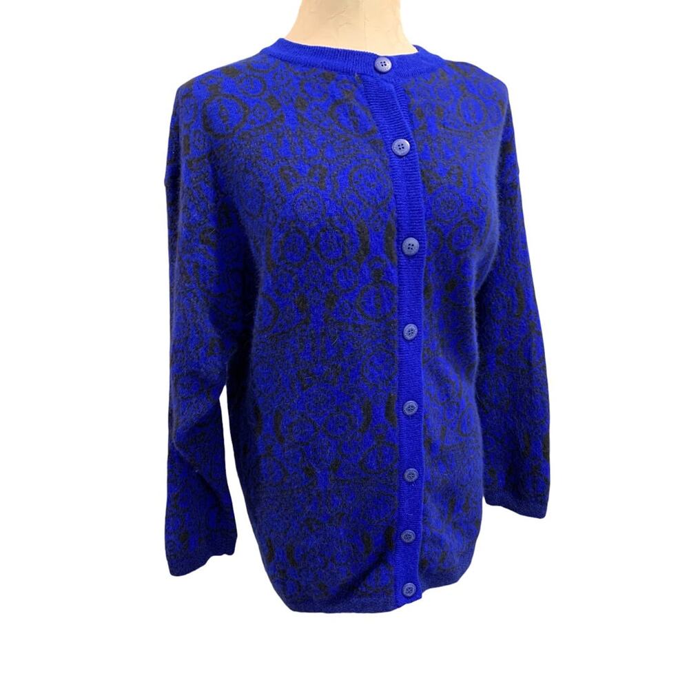 Large Benetton Womens Vintage 1980s Cardigan Sweater Royal Blue Pattern